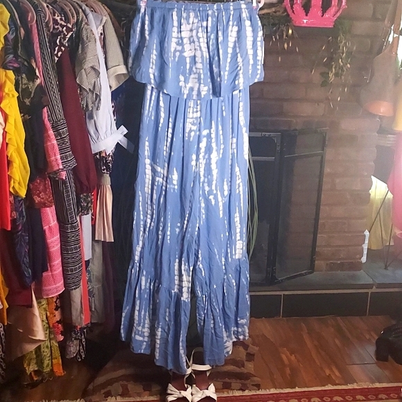 Strapless Smocked Sky Blue Tie Dye Ruffled Wide Leg Jumpsuit by JAPNA - Picture 1 of 10